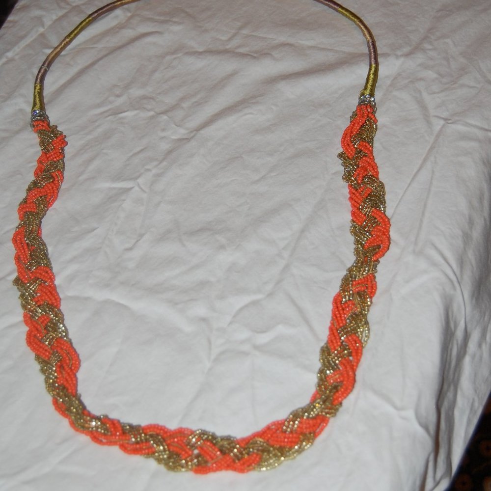 22" Orange & Gold Seed Bead Braided Necklace W/ Rhinestone Spacers.